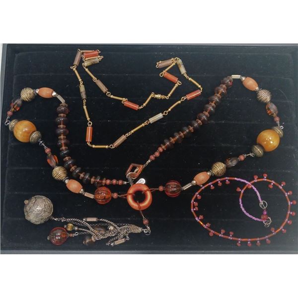 Collection of Orange and Brown Beaded Costume Jewellery Necklaces