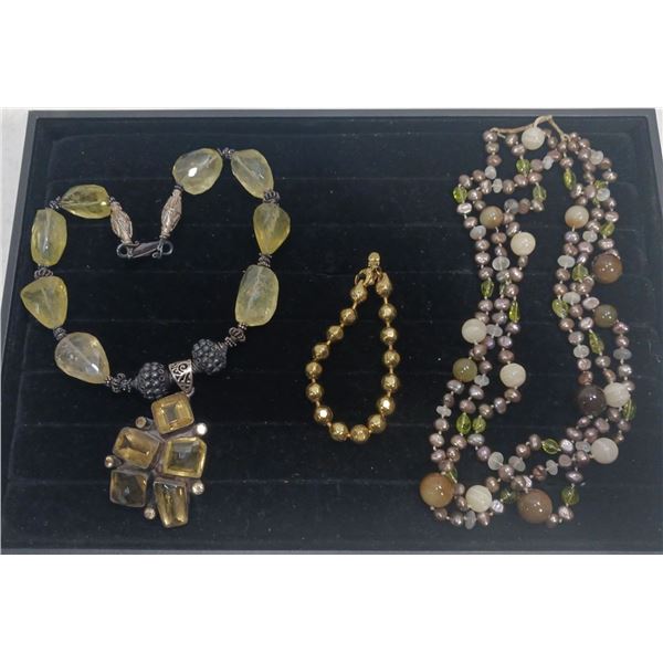 Collection of Green and "Gold" Beaded Costume Jewellery Necklaces and Bracelet