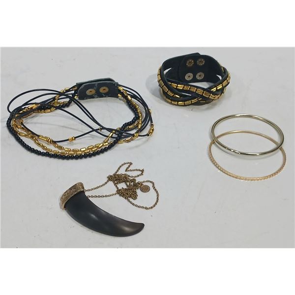 Collection of  Leather Strand Necklace & Bracelet, Bangles, and Carved Stone Necklace