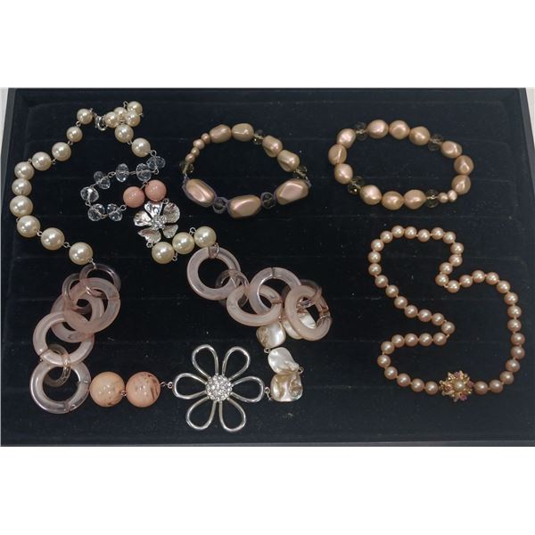 Collection of Off White/Pink Beaded Costume Jewellery Necklaces and Bracelets