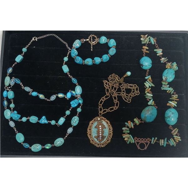 Collection of Blue Beaded Costume Jewellery Necklace, and Bracelet