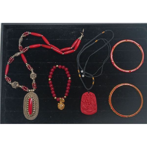 Collection of Red Beaded Costume Jewellery Necklaces and Bracelets