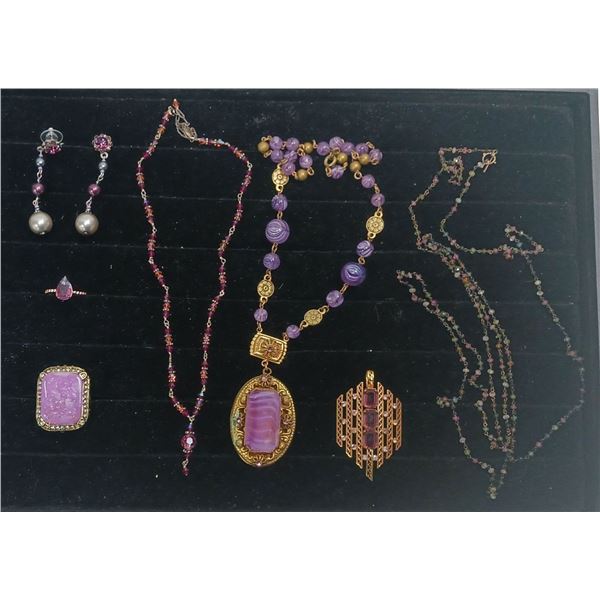 Collection of Purple Beaded Costume Jewellery Necklaces, Brooch, Earrings and Rings
