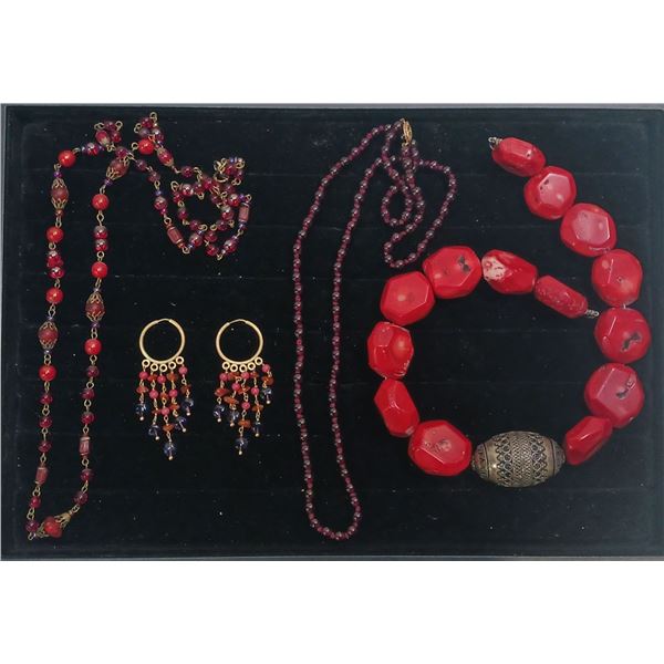 Collection of Red Beaded Costume Jewellery Necklaces and Earrings
