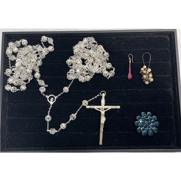 Collection of Costume Jewellery 2 Person Rosary, Earrings, and a Hair Pin