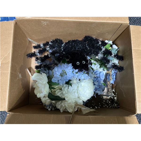 Box of Flowers, Vases, & a Sparkly Spider