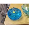 Image 2 : blue Indiana Glass powder jar (small chips) & blue glass bowl