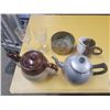 Image 1 : 2 teapots, creamer, 2 crystal cups, brass planter