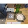 Image 1 : green "Hoosier Glass" vase, Partylite candle holder, casserole dish