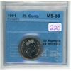 Image 1 : 1991 CCCS graded, Canadian 25 cent coin - MS63