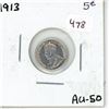 Image 1 : 1913 Canadian 5 cents; Silver, AU-50