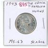 Image 1 : 1943 Canadian Silver 25 Cents with Die Crack through the Horns of the Caribou. MS-63. Bright White. 