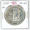 Image 1 : 1958 British Columbia Silver Dollar. Commemorates the Caribou gold rush and the establishment of Bri