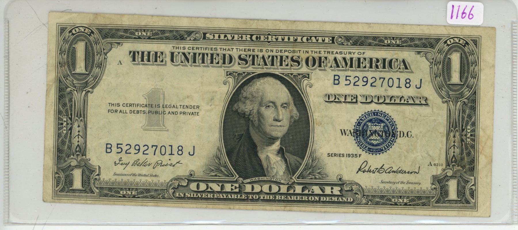 1935F USA Silver certificate 1 dollar bill B52927018J Schmalz Auctions 1935F USA Silver certificate 1 dollar bill B52927018J Schmalz Auctions