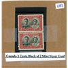 Image 1 : block of 2 Canada 3 cents stamps mint never used