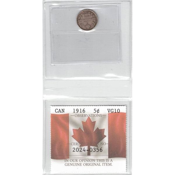 1916 Canada 5¢ Certified PCCS VG10, Professional Coin Certification System