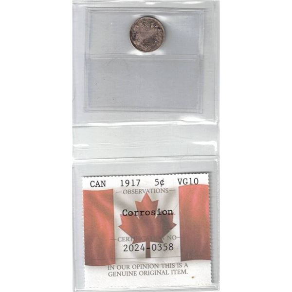 1917 Canada 5¢ Certified PCCS VG10, Professional Coin Certification System