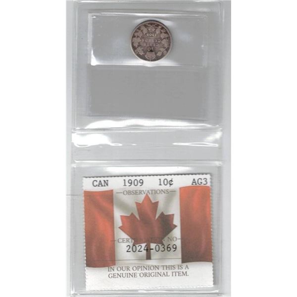 1909 Canada 10¢ ; Certified PCCS AG3, Professional Coin Certification System