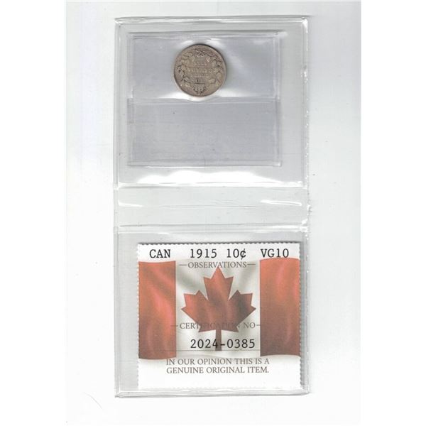 1915 Canada 10¢ Certified PCCS VG10, Professional Coin Certification System