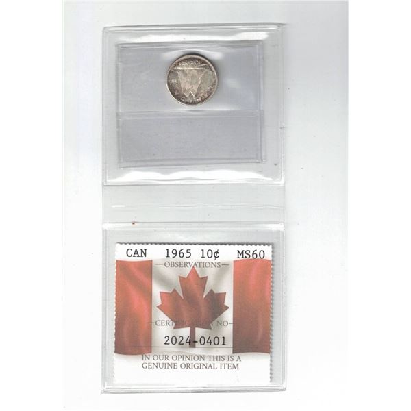 1965 Canada 10¢, Certified PCCS MS60, Professional Coin Certification System