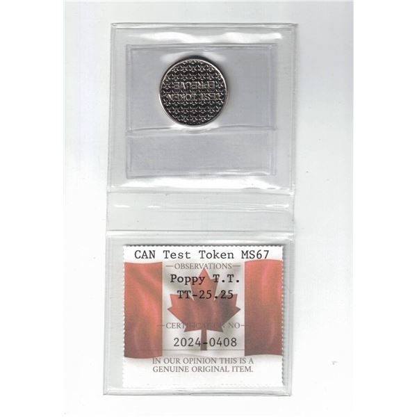 Canada Test Token, Poppy TT-25.25 PCCS MS67, Professional Coin Certification System