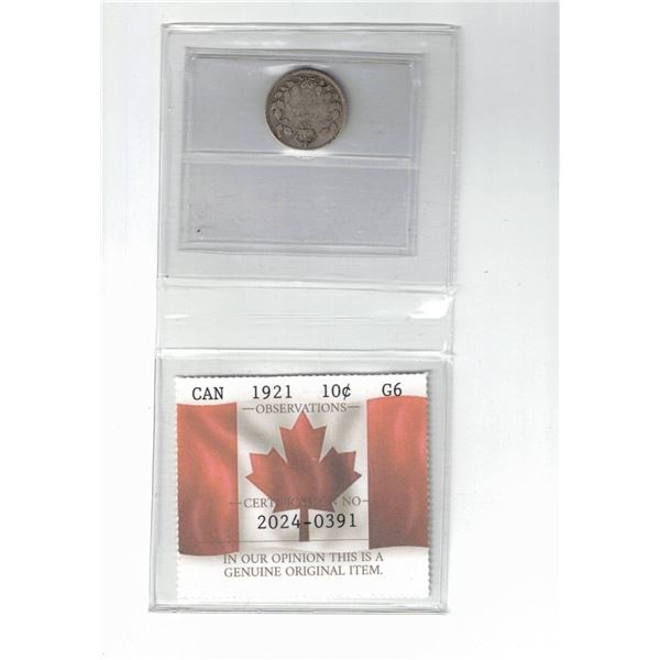 1921 Canada 10¢ Certified PCCS G6, Professional Coin Certification System