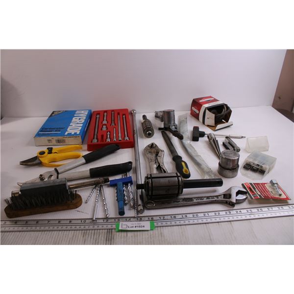 Assorted Drill Bits, Wrench, Assorted Tools