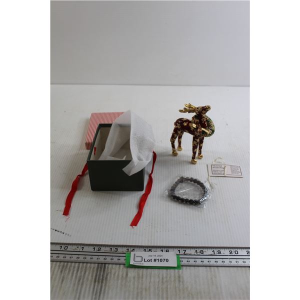 Black Beaded Bracelet, Enamel Reindeer Decoration