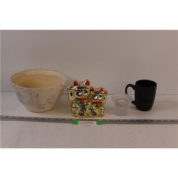 Salad Pottery Bowl, Happy Cat Money Bank, Candle w/Holder, Mug
