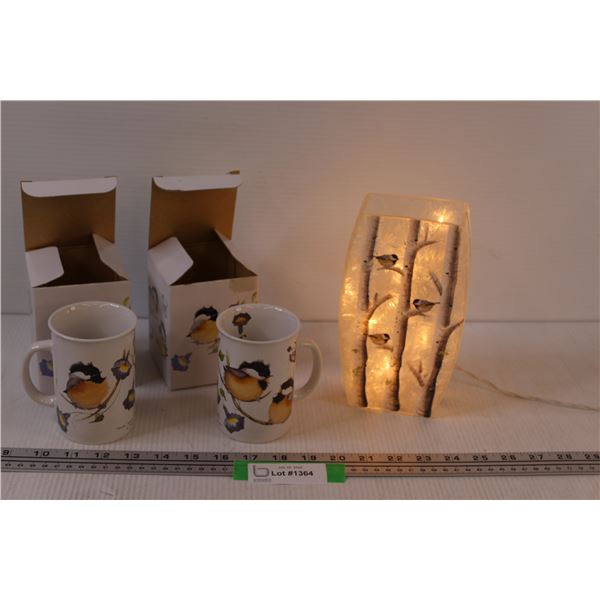 Chickadee Lighted Decor & (2) Mugs - Works