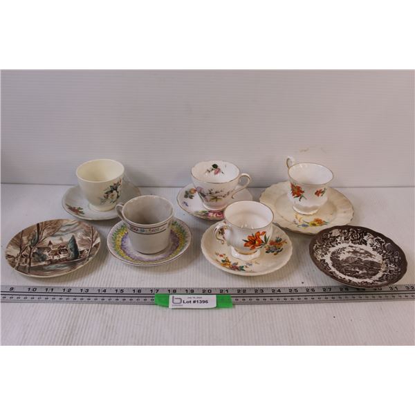 (5) Teacup & Saucers - Miss/Matched Patterns & (2) Scenic Plates