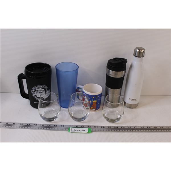 (3) Absolut Liquor Glasses, Coffee Travel Mugs, Water Bottle, Misc.