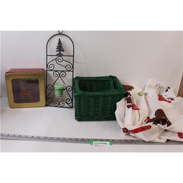 Gingerbread Man Shower Curtain, (2) Wicker Baskets, Candle Holder & Reindeer Tin Box
