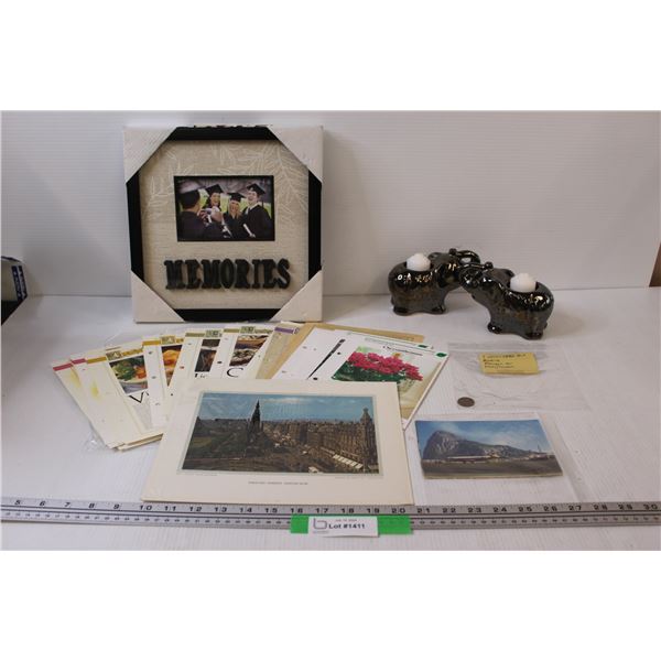 (2) Elephant Candle Holders, Memories Picture Frame, 1990 5CT Netherlands Coin, Misc.