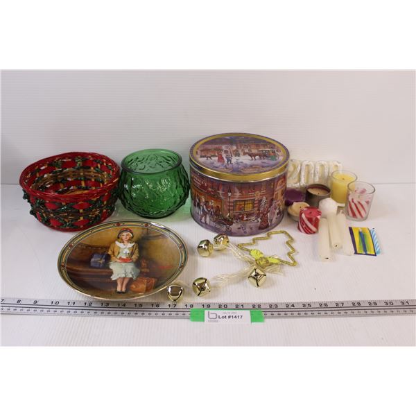 Norman Rockwell Plate, Collectors Tin w/Candles, Wicker Basket, Green Glass Bowl