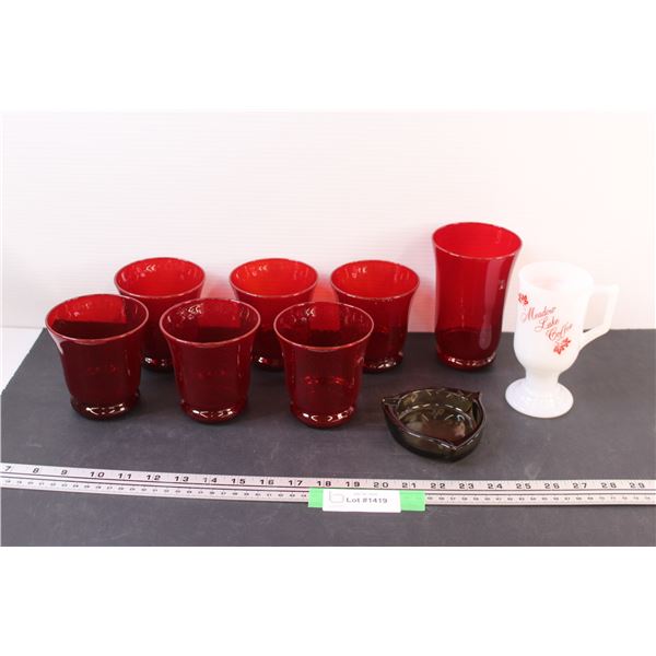 (7) Red Glass Glasses, Smoked Glass Ashtray & Meadow Lake Coffee Mug