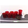 Image 1 : (7) Red Glass Glasses, Smoked Glass Ashtray & Meadow Lake Coffee Mug