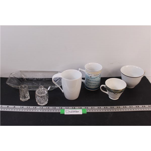 Glass Serving Condiments Dish w/Spoon, (4) Mugs, Glass Serving Tray