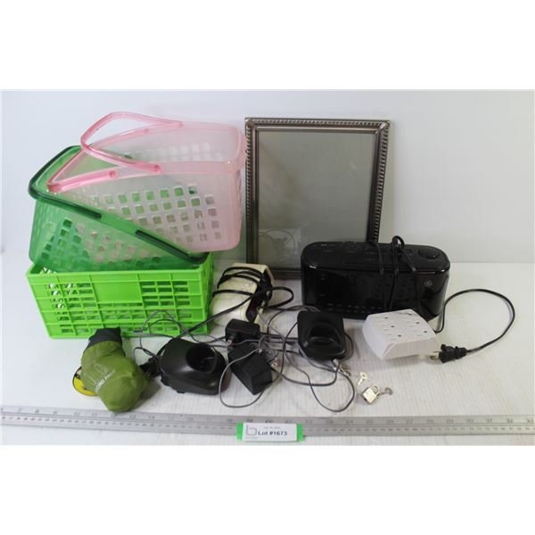 (3) Plastic Baskets - Picture Frame (9" x 11") - Micro Back Pack n- (2) Clock Radios (power on - lig