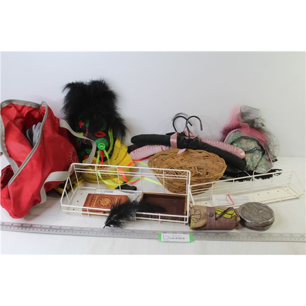 Padded Hangers - Woven Basket - Wire Holders - (2) Masks - Strap - Misc. Items