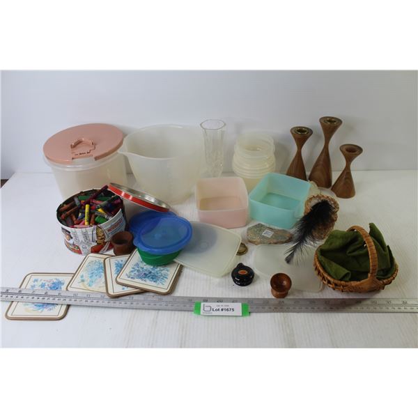 Wooden Candle Holders - Tupperware & Rubbermaid Containers - Tin of Crayons - Coasters - Misc. Items