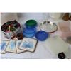 Image 7 : Wooden Candle Holders - Tupperware & Rubbermaid Containers - Tin of Crayons - Coasters - Misc. Items