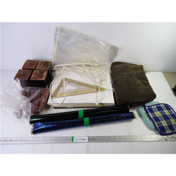 (12) Furniture Legs, Colored and Clear Paper, extension Cord, Thick Paper Sheets, Throw and misc.