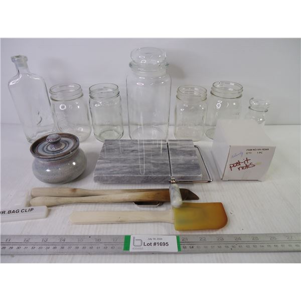 (4) Mason Glass Drinking Jars, Box of Post it Notes, Cheese Cutting Tray, Kitchen Items and misc.