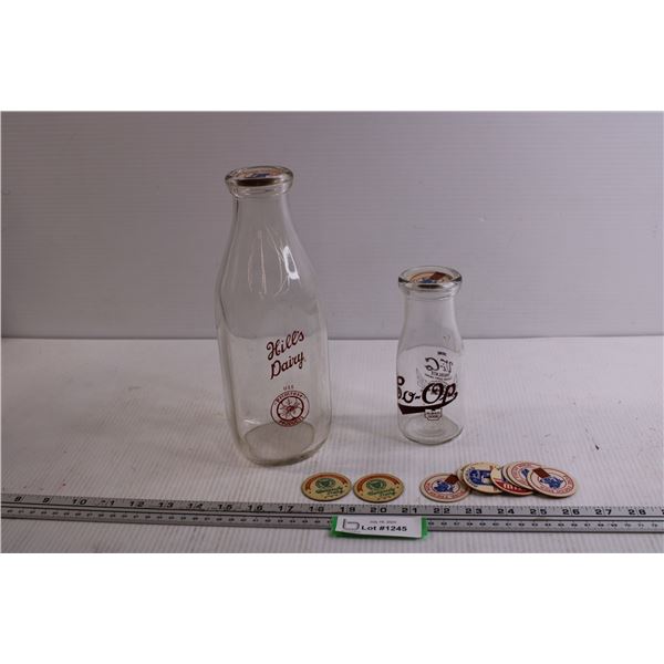(2) Glass Milk Bottles w/ (12) Caps - (2) from University of Saskatchewan Dairy