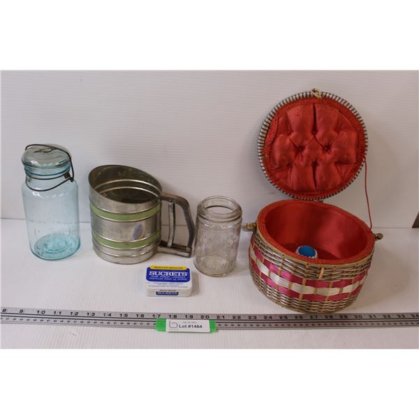 Flour Sifter, (2) Glass Sealing Jars, Sewing Basket (Broken Handle)