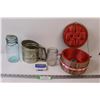Image 1 : Flour Sifter, (2) Glass Sealing Jars, Sewing Basket (Broken Handle)