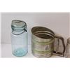 Image 2 : Flour Sifter, (2) Glass Sealing Jars, Sewing Basket (Broken Handle)