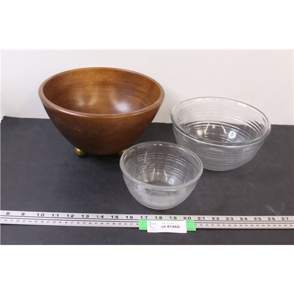 Wooden Bowl - 10", Clear Glass Mixing Bowls - 8" & 6"