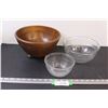 Image 1 : Wooden Bowl - 10", Clear Glass Mixing Bowls - 8" & 6"